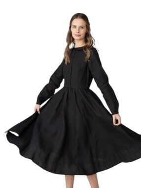 Son de Flor Black Linen Maxi Dress M Button Front Ruffle Collar Pockets